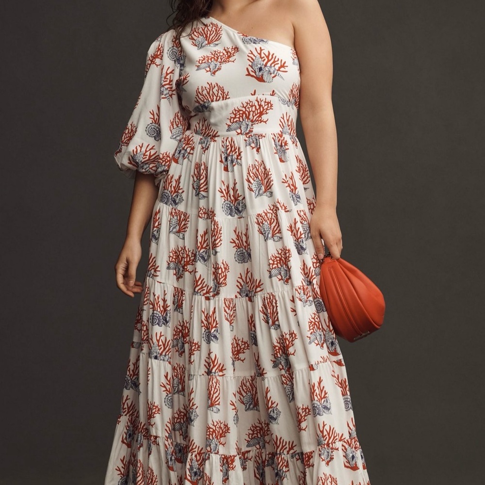 Elegant Coral Print One-Shoulder Dress